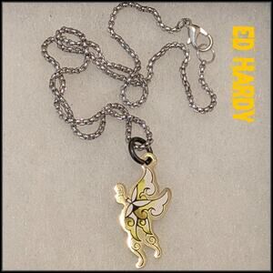 ED HARDY Gold Butterfly Pendant Necklace  Silver Stainless Steel Chain Two Tone